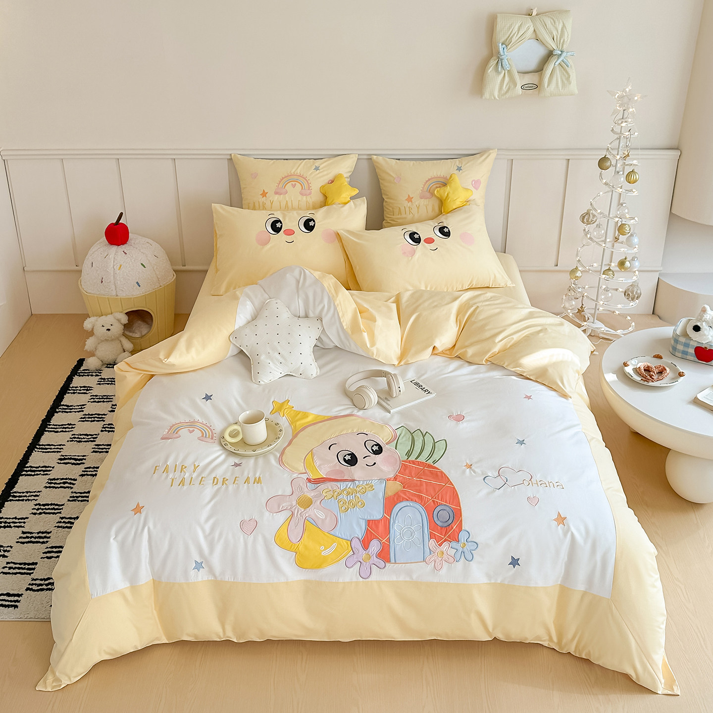 星星人卡通全棉床品四件套纯棉儿童被套床单笠学生宿舍床上三件套