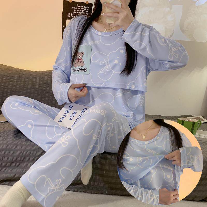 春秋牛奶丝孕妇哺乳月子睡衣套装