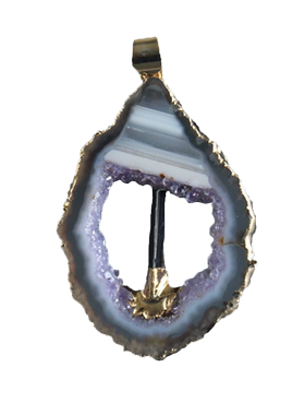 玛瑙水晶切片镶嵌黑碧玺原石吊坠