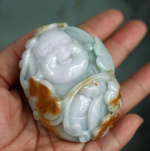 水玉冰魄天然A货翡翠把玩 雕刻佛公弥勒佛手把件 缅甸玉笑佛 实物
