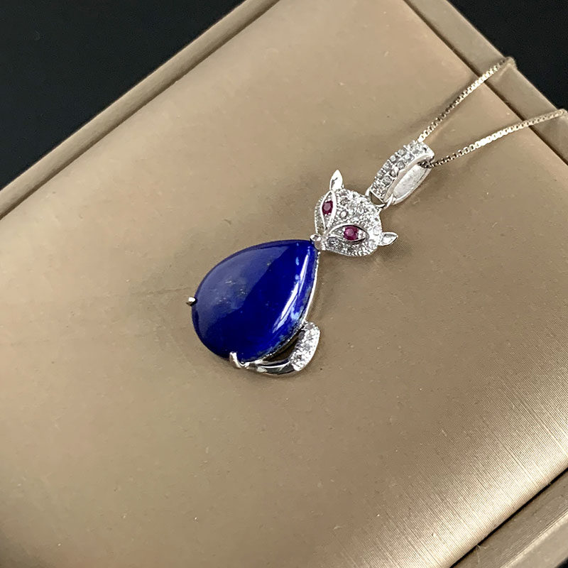 猫咪款项链天然青金石银镶嵌吊坠