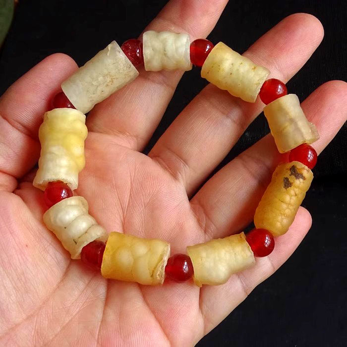 水玉冰魄阿拉善彩色管状玛瑙原石手链黄玛瑙手串男女款实物原始
