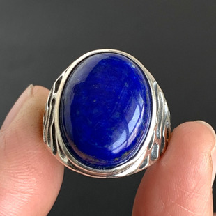 水玉冰魄天然青金石银镶嵌戒指 中指 食指 艳蓝 原色 复古 银饰
