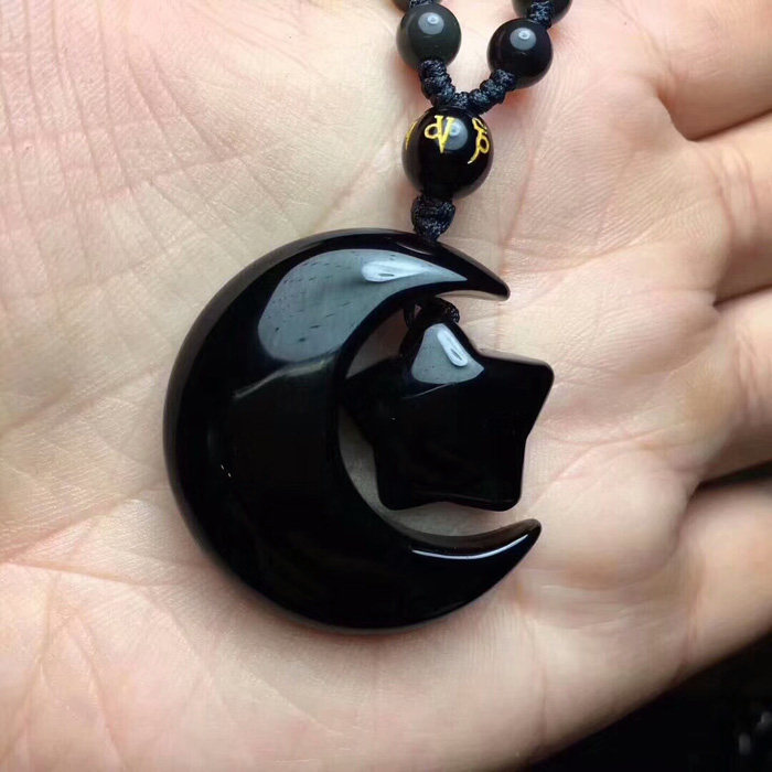 天然黑曜岩星月项链吊坠