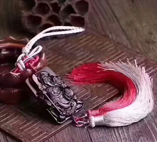 水玉冰魄 天然黑曜石立刀关公车挂 手工编织大刀关公汽车挂件
