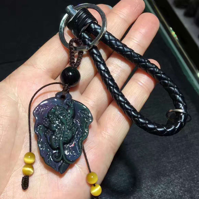 水玉冰魄 天然黑曜石钥匙链 彩虹眼一夜暴富貔貅汽车钥匙扣多色B1