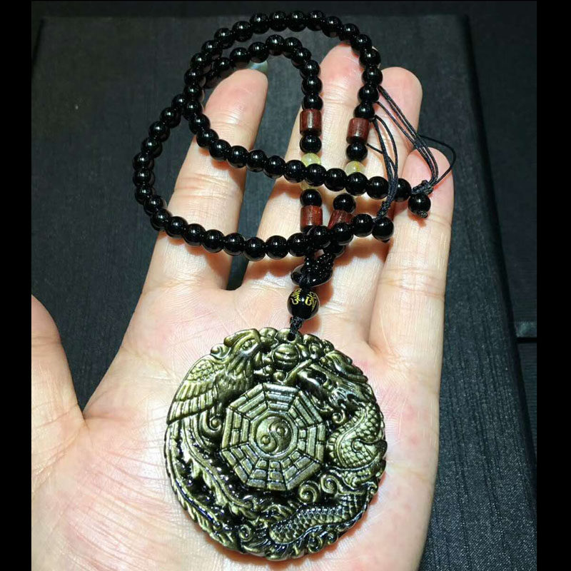 天然金曜石墨西哥龙凤八卦吊坠