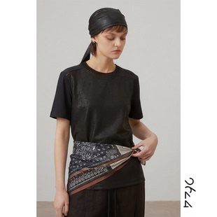 短袖 100桑蚕丝拼接丝光棉手工女装 T恤619963 非遗香云纱·裂釉