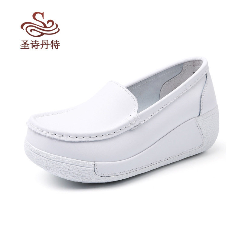 跨境真皮松糕鞋坡跟厚底妈妈鞋休闲舒适小白鞋大码女鞋黑色摇摆