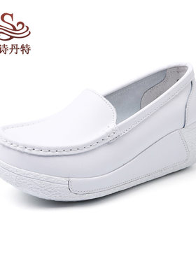 跨境真皮松糕鞋坡跟厚底妈妈鞋休闲舒适小白鞋大码女鞋黑色摇摆