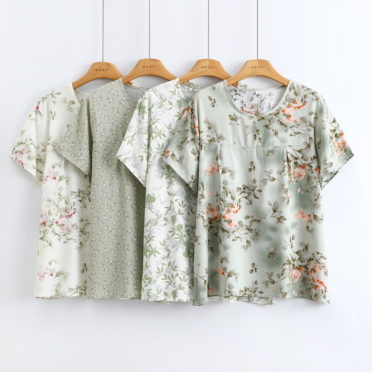 夏季棉绸上衣女士薄款大码妈妈圆领短袖中老年T恤睡衣奶奶家居服