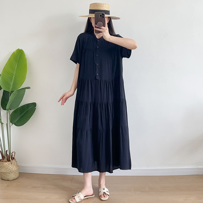 棉绸衬衣领连衣裙人造棉大摆裙