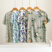 中老年夏装 夏季 宽松大码 妈妈人造棉圆领T恤衫 棉绸短袖 上衣女薄款