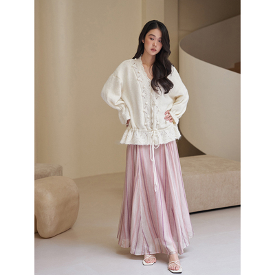 签儿渐粉条纹浪漫印花高腰半身裙