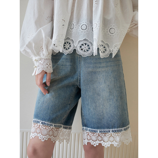 复古风显瘦五分裤 高腰重工刺绣花边纯棉直筒牛仔短裤 新品 签儿夏季