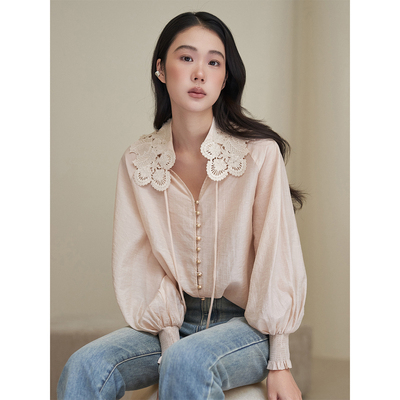 签儿早春法式蕾丝荡领长袖衬衫