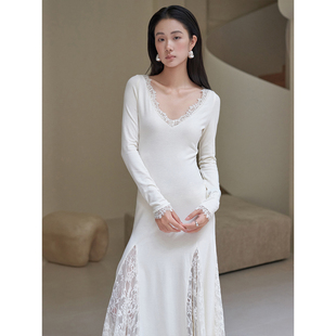 打底裙 秋冬蕾丝拼接鱼尾针织连衣裙内搭v领气质收腰长袖 签儿 法式