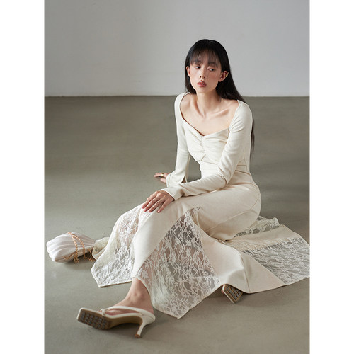 签儿清冷感小众设计高级感蕾丝鱼尾针织连衣裙女开衫上衣两件套装