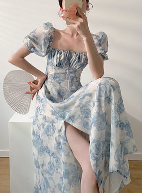 签儿 黛蓝玫瑰 泡泡袖方领连衣裙女2024夏季法式优雅开衩碎花长裙