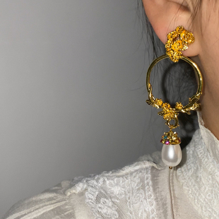 90年代港星同款复古金色圆圈珍珠吊坠耳环氛围感时尚百搭耳饰耳坠