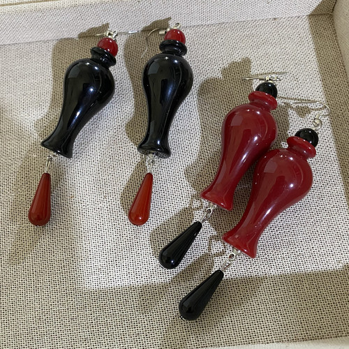 新中式红色黑色宝瓶子大耳环轻奢高级感方圆脸耳饰耳夹女无耳洞