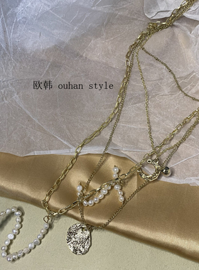 欧韩韩国三条叠带珍珠女脖子项链