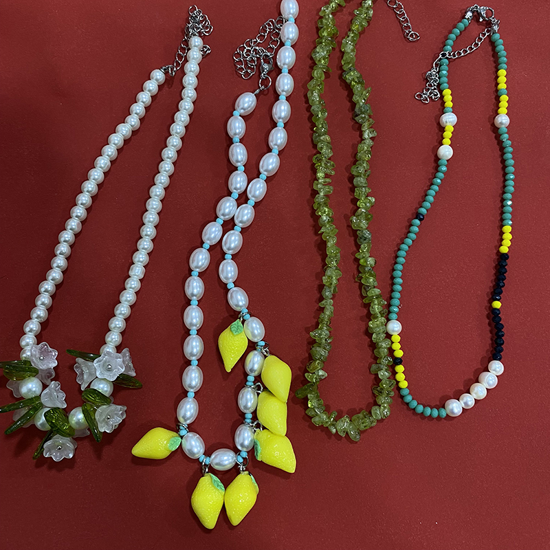 彩色串珠珍珠花朵笑脸项链冷淡风辣妹锁骨链夏天甜酷短款项链