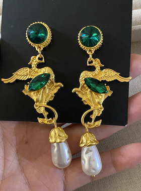 中古金色绿色钻长款独特天使造型耳环耳饰设计感高级时尚耳坠