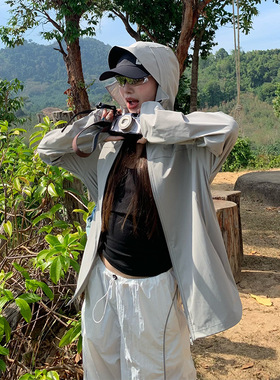 EAL凉感透气防晒衣女防紫外线黑胶帽檐户外冰丝抽绳原纱防晒服