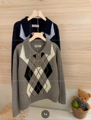 菱格毛衣2025秋冬新款韩版宽松显瘦百搭翻领针织衫女打底毛衣厚款