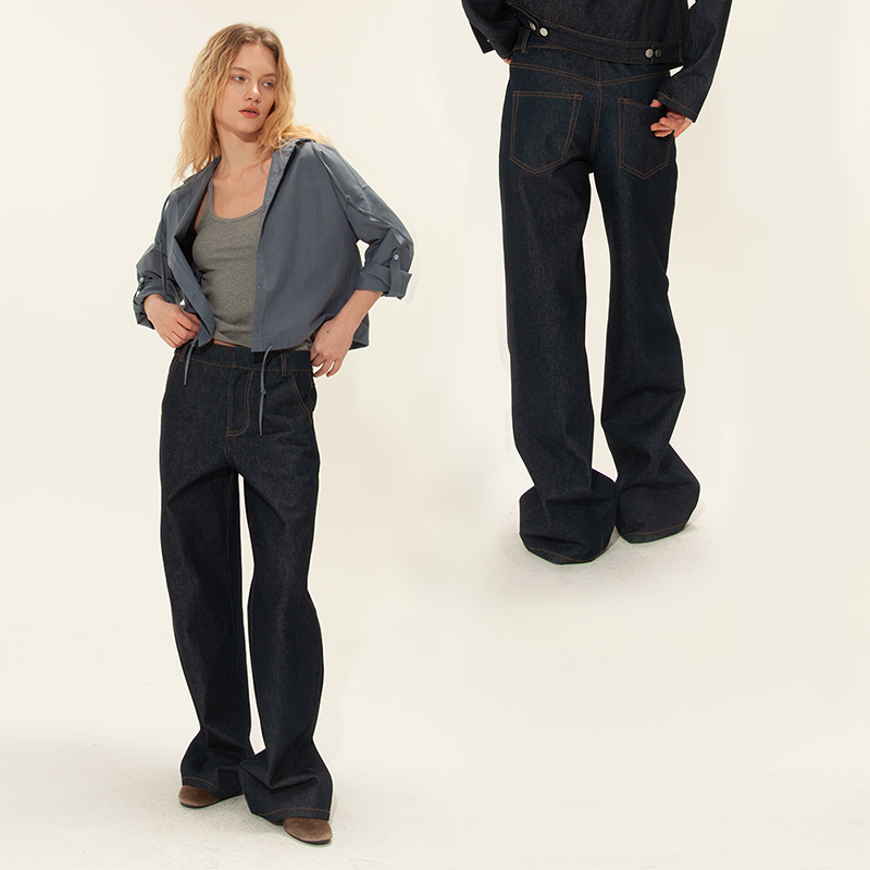 AXYPAGES复古风原牛原色美式潮流立体裁剪高腰磨毛阔腿拖地牛仔裤