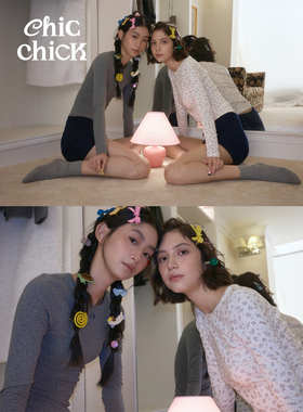 ChicChick时髦小鸡 超柔软 秋冬万用白碎花/灰条纹亲肤花边打底衫