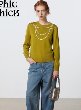 ChicChick时髦小鸡新品 苔绿色 精制美丽奴羊毛 珍珠印花套头毛衣