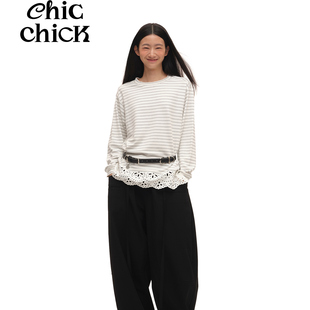 打底 黑白条刺绣花边拼接莫代尔长袖 ChicChick时髦小鸡 叠穿bi入