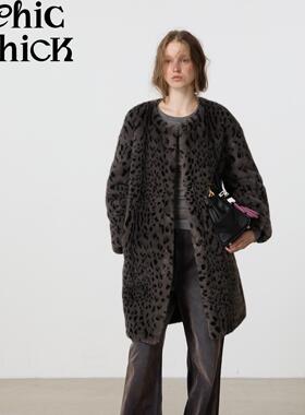 ChicChick时髦小鸡vol21锡器灰 豹纹环保貂绒皮草中长外套大衣