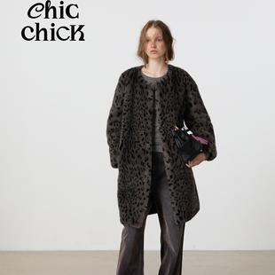 ChicChick时髦小鸡vol21锡器灰 豹纹环保貂绒皮草中长外套大衣