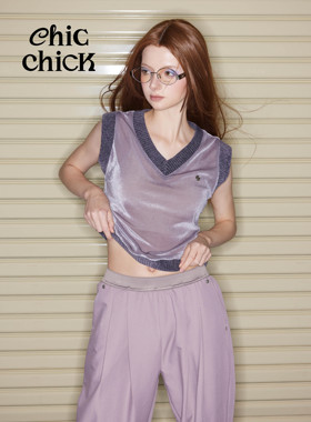 ChicChick时髦小鸡vol17浆果紫高光丝绒拼接知识分子针织镂空背心