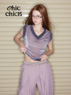 ChicChick时髦小鸡vol17浆果紫高光丝绒拼接知识分子针织镂空背心