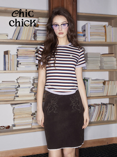 ChicChick时髦小鸡vol19黄金猎犬复古纹章刺绣棕色仿麂皮花边半裙