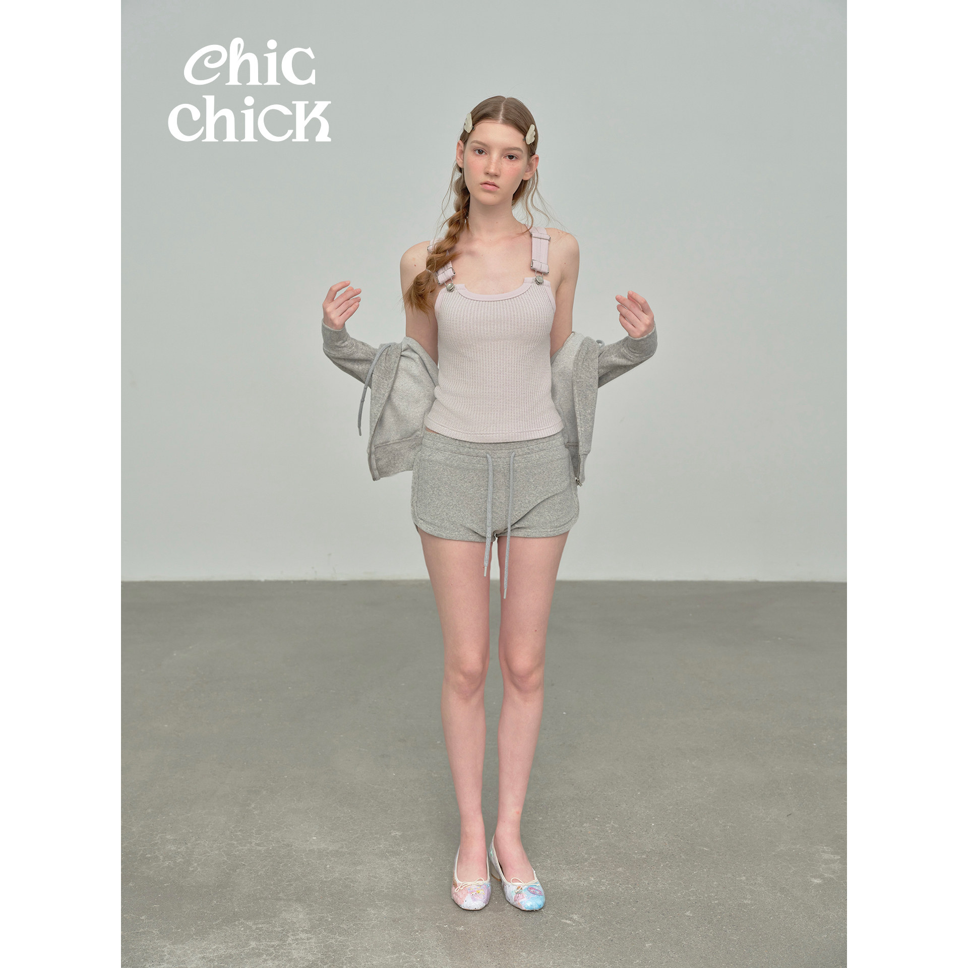 ChicChick时髦小鸡新品 细腻肌理浅灰色毛巾面料亲肤运动卫裤短裤
