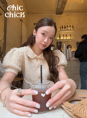 ChicChick时髦小鸡*顾零一限定联名米白色复古马海毛针织短袖上衣