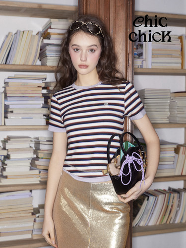 ChicChick时髦小鸡vol19牛津条撞色精仿紫咖/红蓝条纹假两件短袖T