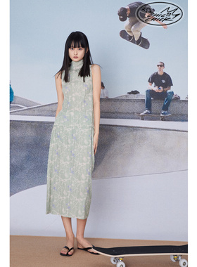 ChicChick时髦小鸡vol12绿色蔷薇印花三宅风手工压褶松紧腰半身裙