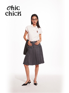 ChicChick时髦小鸡vol14灰蓝条纹拼接美式 牛仔百褶半裙 校园西装