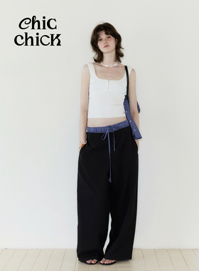 ChicChick时髦小鸡vol20格纹双腰头抽绳拼接黑色宽松西装休闲长裤