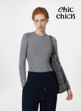 ChicChick时髦小鸡新品 高级灰 装饰美学 手工金属气眼针织打底衫