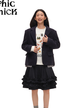 ChicChick时髦小鸡 小步舞曲 藏蓝色甜美百搭多层花边蓬蓬半身裙