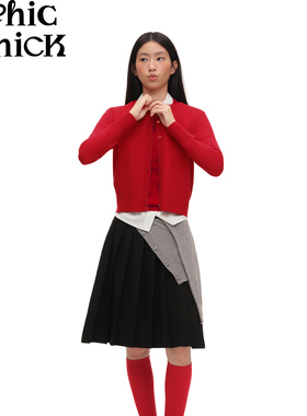 ChicChick时髦小鸡 美丽奴羊毛红色花朵纽扣波浪花边针织两件套