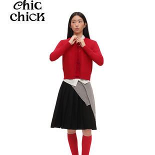 ChicChick时髦小鸡 美丽奴羊毛红色花朵纽扣波浪花边针织两件套