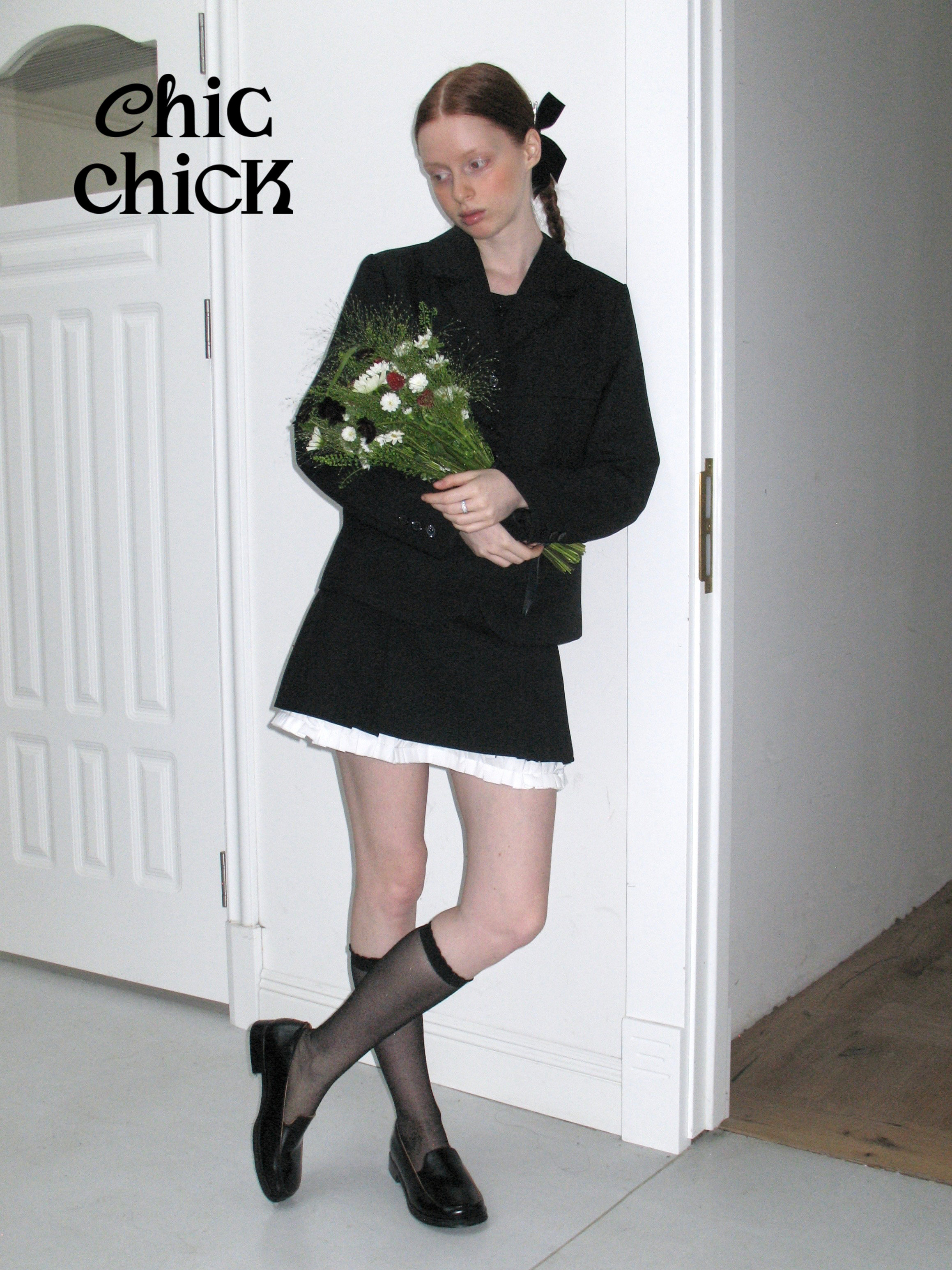 chicchick迷你半裙黑色花边